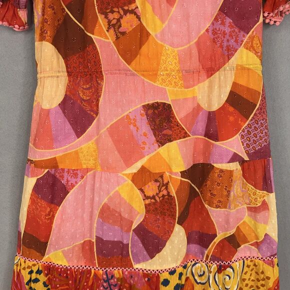 Farm Rio Dress Womens Large Red Orange Patchwork Twirl Boho Ruffle Peasant Loud - Picture 11 of 16